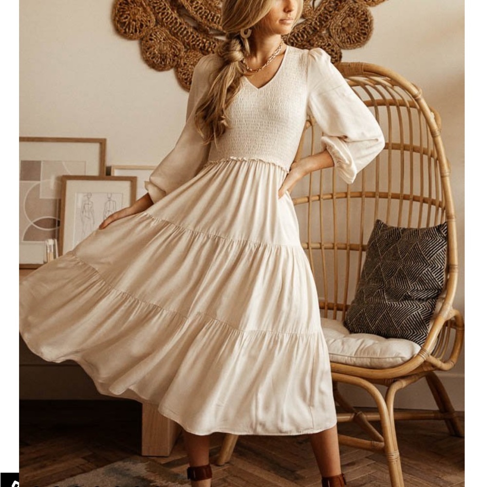 Bohme | SMOCKED TIERED MIDI DRESS IN IVORY | size medium